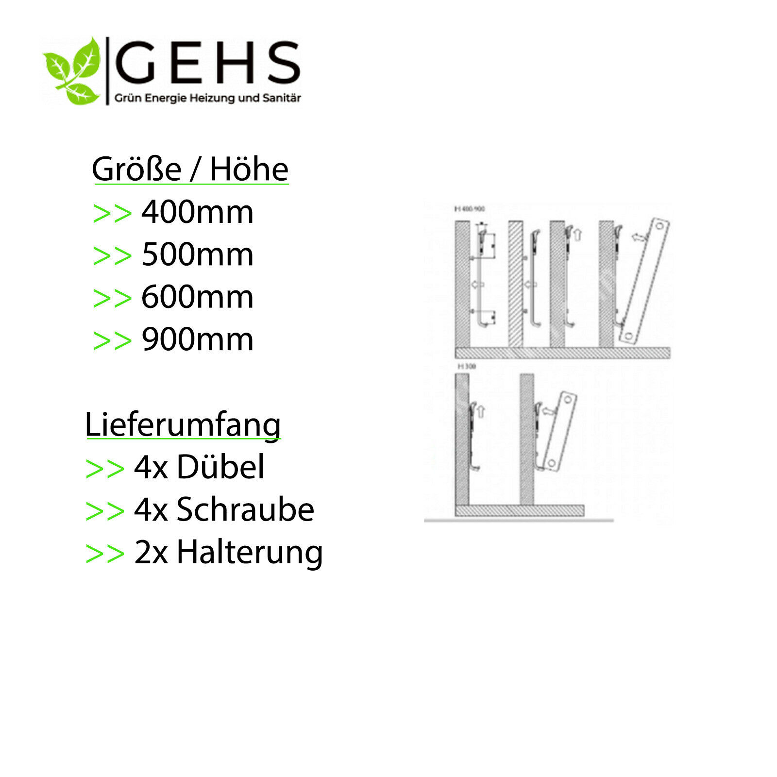 Heizkörper Halterung Wandkonsolen BH 500 600 900 mm set (2Stk) - GEHS -  Grun Energie Heizung - Sanitär GmbH %
